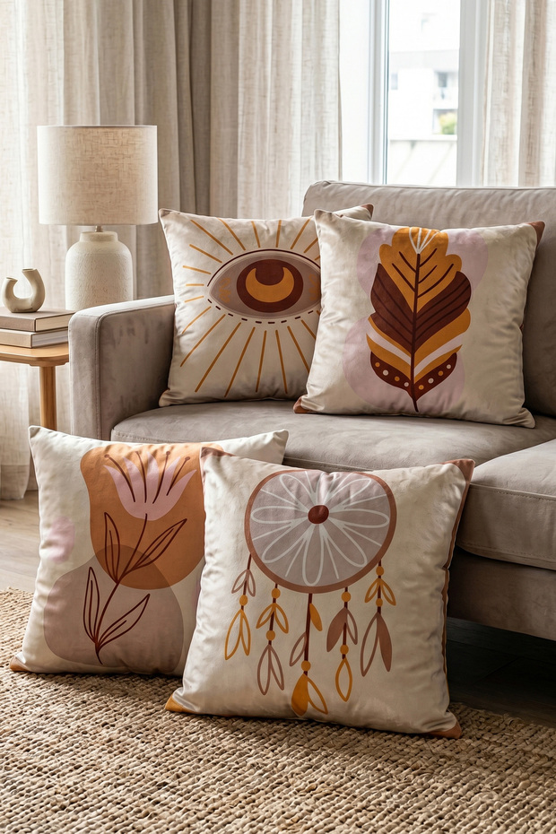 Bohemian Boho Dream Catcher Patterned Digital Printed Decorative Set of 4 Throw Pillow Cases
