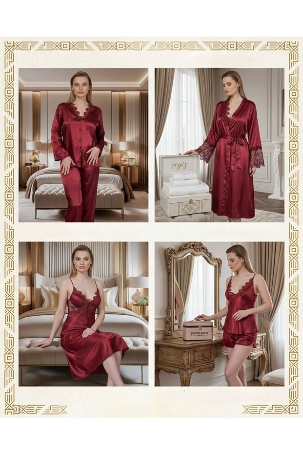 6-Piece Satin Nightgown Robe Dowry Set - Stylish and Elegant Nightgown Robe Set with Lace Detail
