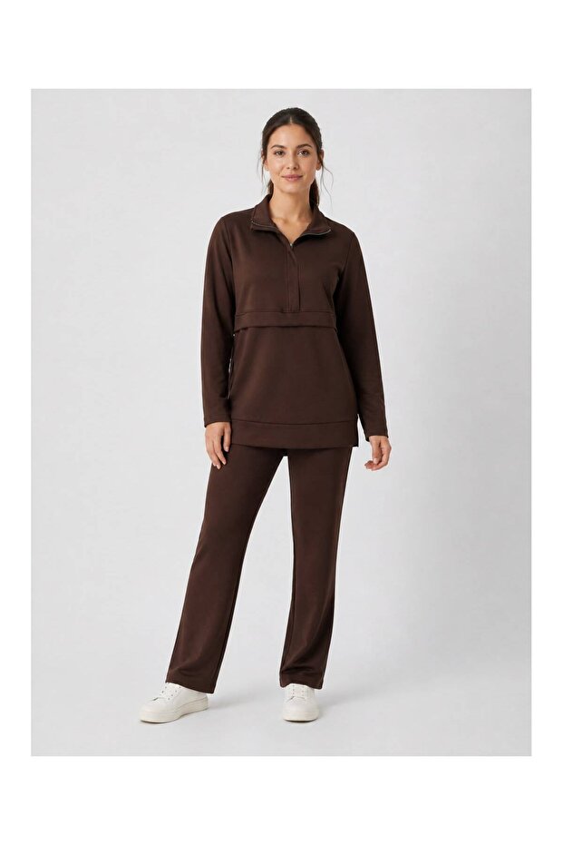 Women's Half Zipper Detailed Long Sleeve Premium Modal Top and Bottom Tracksuit Set - Acı Ka