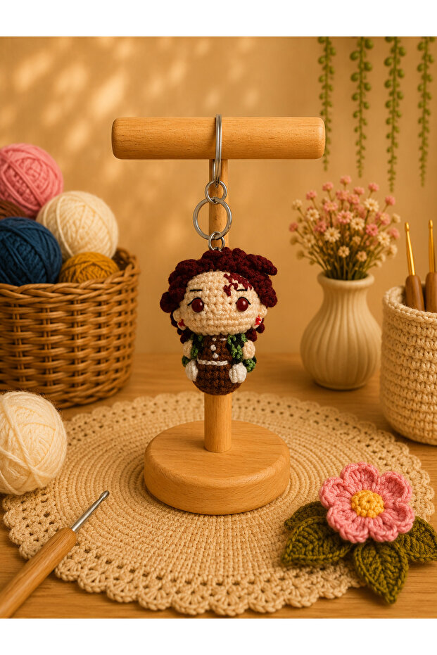 Amigurumi Knitted Keychain - Handmade Bag Accessory and Gift Figure Tanjiro