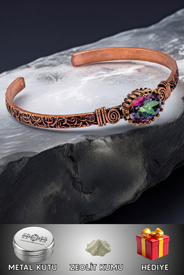Women's Copper Bracelet - Mystic Topaz Gemstone Shuttle Tree Bark Model Thin Metal Boxed Natural Stone Bracelet Zeolite Sand