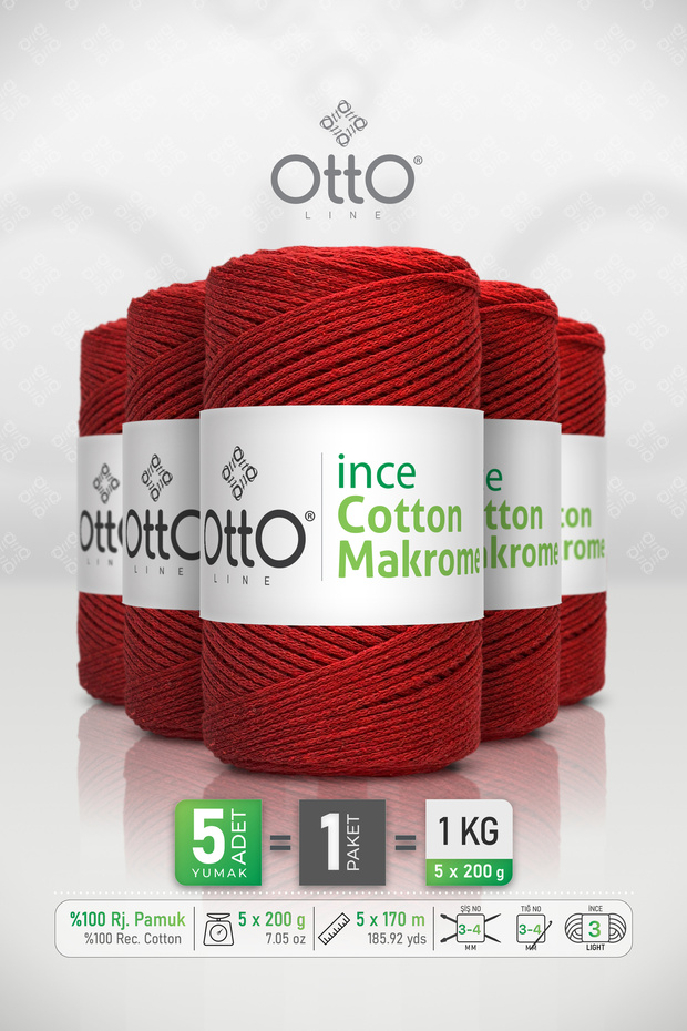 Thin Cotton Macrame Yarn • Red • 5-Pack × 200 Gr / 170 m • 2 mm • Cotton Cord • Macrame, Bags, Accessories