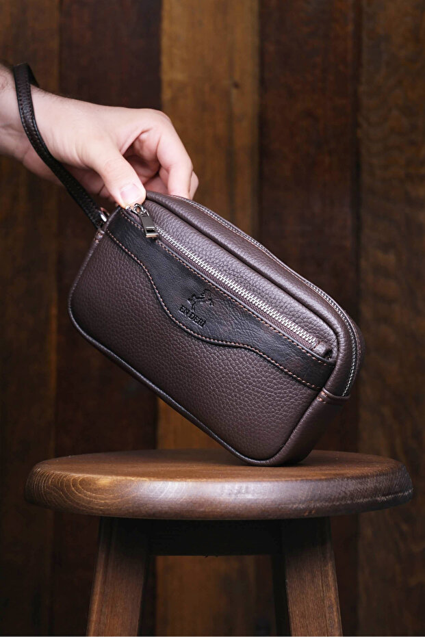 Men's Brown Luxury Handbag with Belt and Wristlet