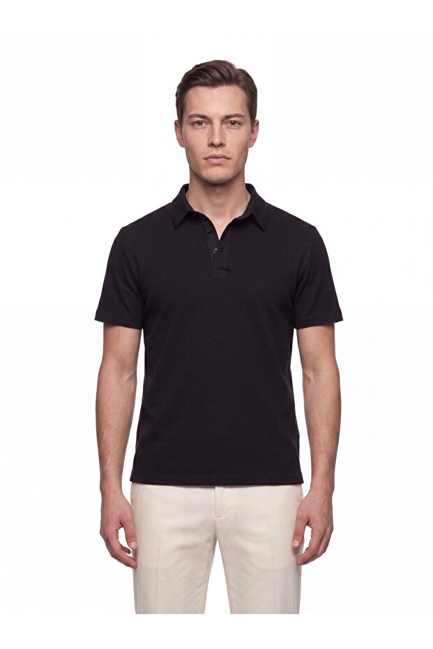 Slim Fit Cotton Non-Curling Polo Collar Black T-Shirt Ts 928