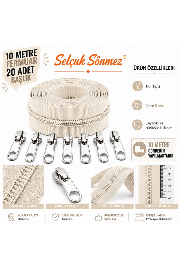 Cream Color 10 Meters Zipper 20 Pieces Headings