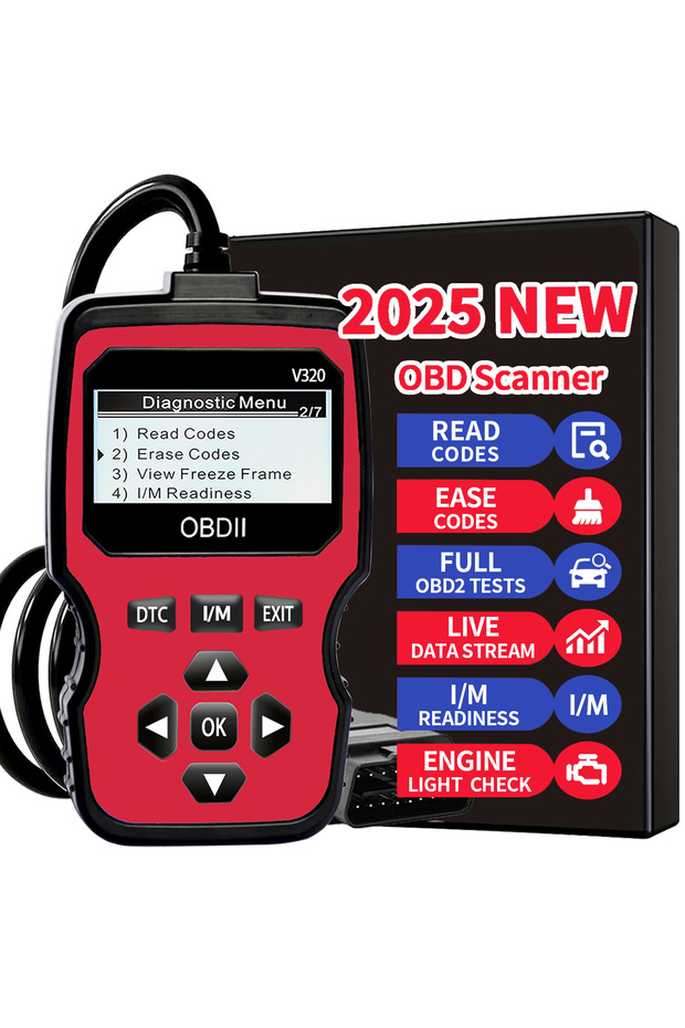 جهاز فحص OBD2 أحمر - أداة تشخيص أعطال السيارات المتقدمة مع قارئ رموز أعطال المحرك، وجهاز اختبار الجهد، وR