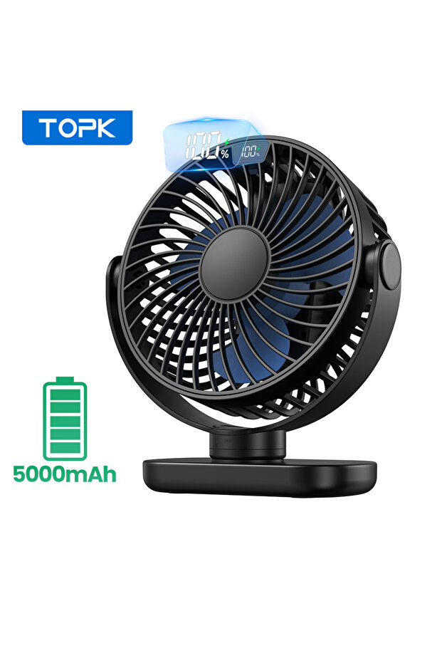 مروحة محمولة صغيرة TOPK بسعة 5000 مللي أمبير قابلة لإعادة الشحن مع شاشة LED، مروحة طاولة مكتبية بدوران 360 درجة وهادئة