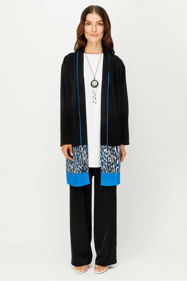 Leopard Detailed Jacket, Tunic, Trousers, Necklace Set, Cobalt Blue