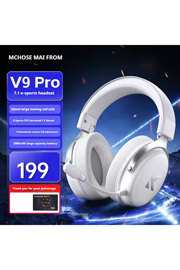 سماعة رأس لاسلكية V9 Pro فضية من MCHOSE مع ميكروفون بثلاثة أوضاع لتقليل الضوضاء