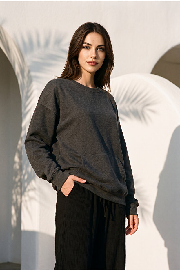 Antrasit Basic Oversize Kadın Sweatshirt
