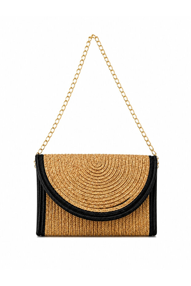 Straw Women's Shoulder Bag with Cover Closure Detail, Parla Black