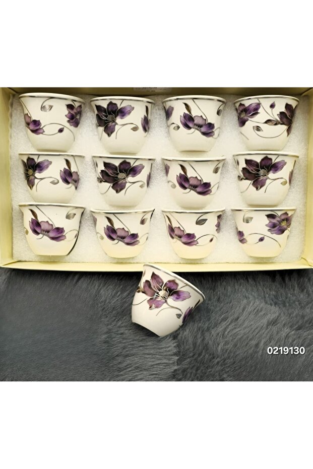 12Pcs Ceramic Coffee Cup Set with Purple Floral Pattern