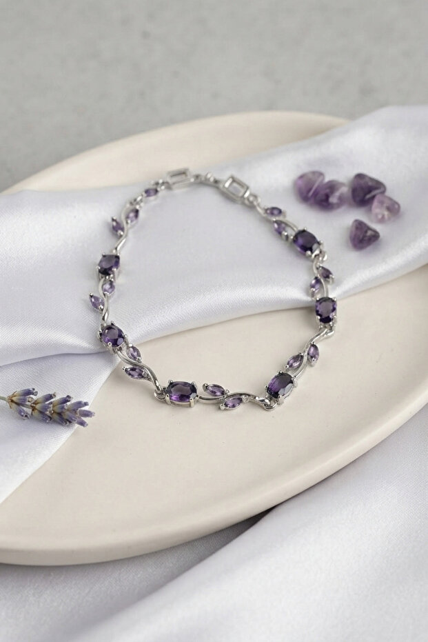 Brass Silver Color Purple Zircon Stone Flower Model Women's Bracelet