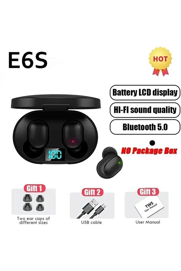 سماعات أذن بلوتوث لاسلكية TWS E6S Fone سوداء اللون، مزودة بميكروفون وخاصية إلغاء الضوضاء