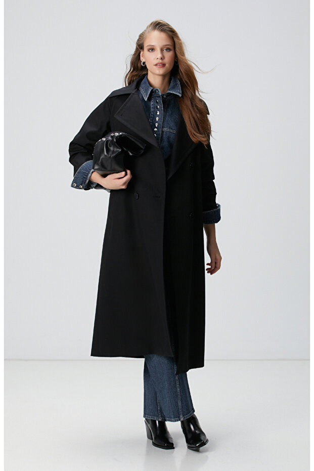 Siyah Kruvaze Trench Coat