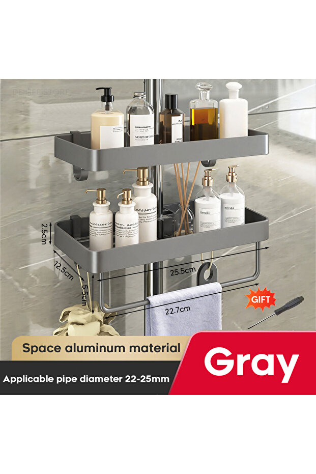 2pcs gray with rod 1/2PCS Shower Rack Punch-Free Bathroom Tray With Towel Bar Hooks Shampoo Holder F