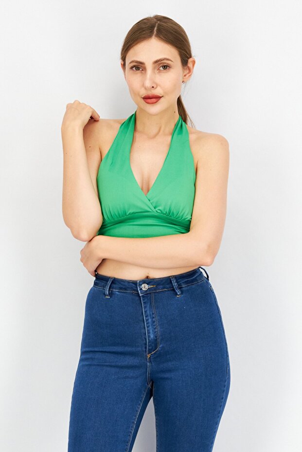 Women Tie Neck Sleeveless Plain Crop Tank Top, Green