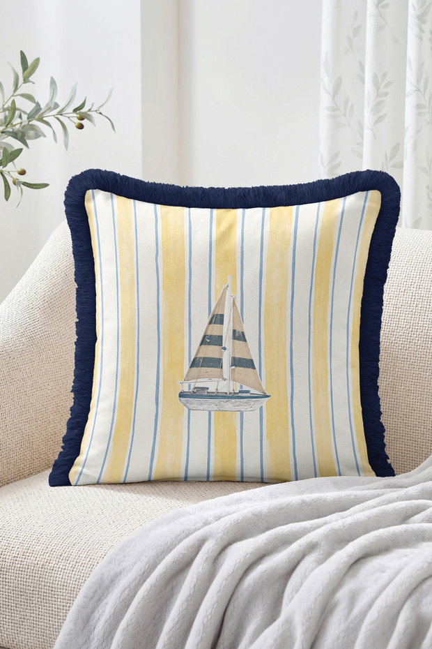 Striped Nautical Themed Fringed Throw Pillow Cover with Sailboat Figure - Modern Decorative Pillowcase