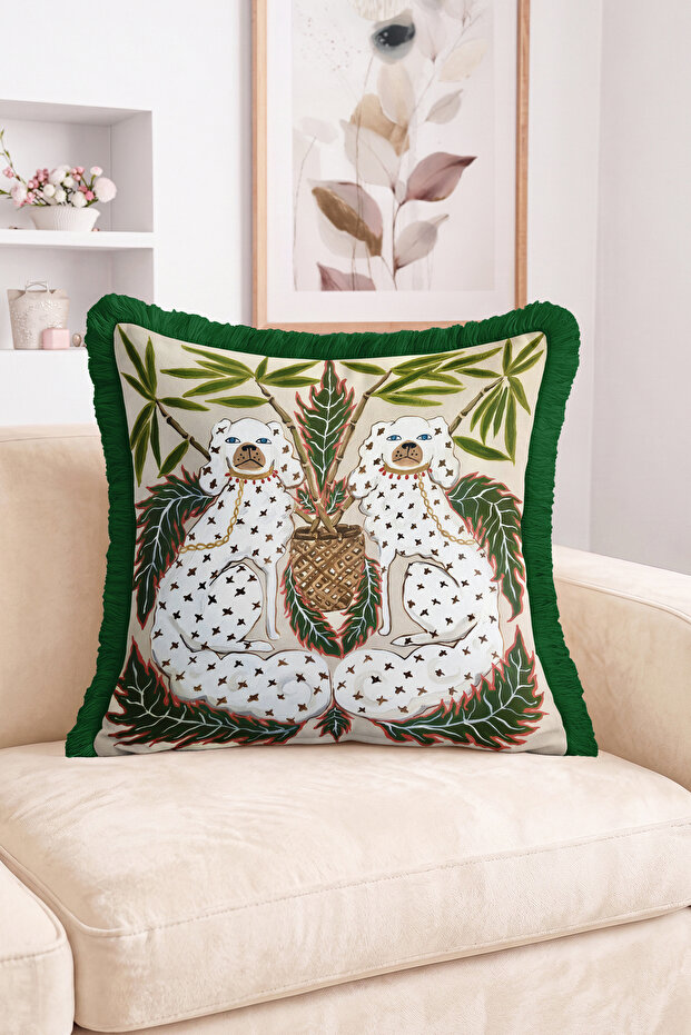 Green Framed Fringed-Tasseled Cushion Cover with Two Dogs among Bamboo Leaves Modern Decorative