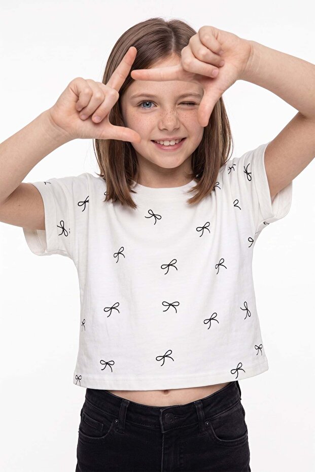 Bow Printed Girls' Crop T-Shirt