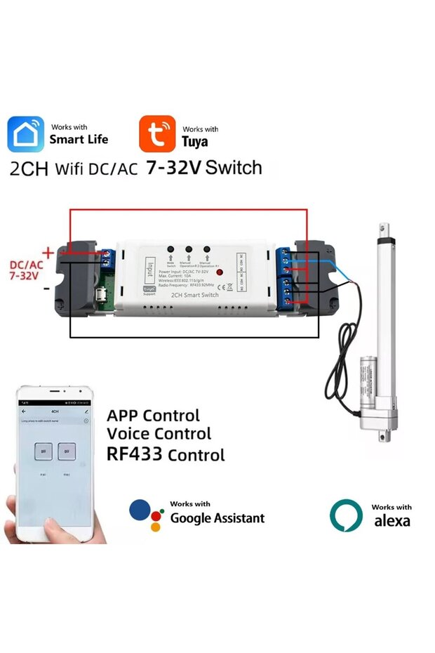 Tuya Smart Wifi Electric Actuator Motor Controller,DC12V 24V 32V 2 Channel Relay Remote Control, RF