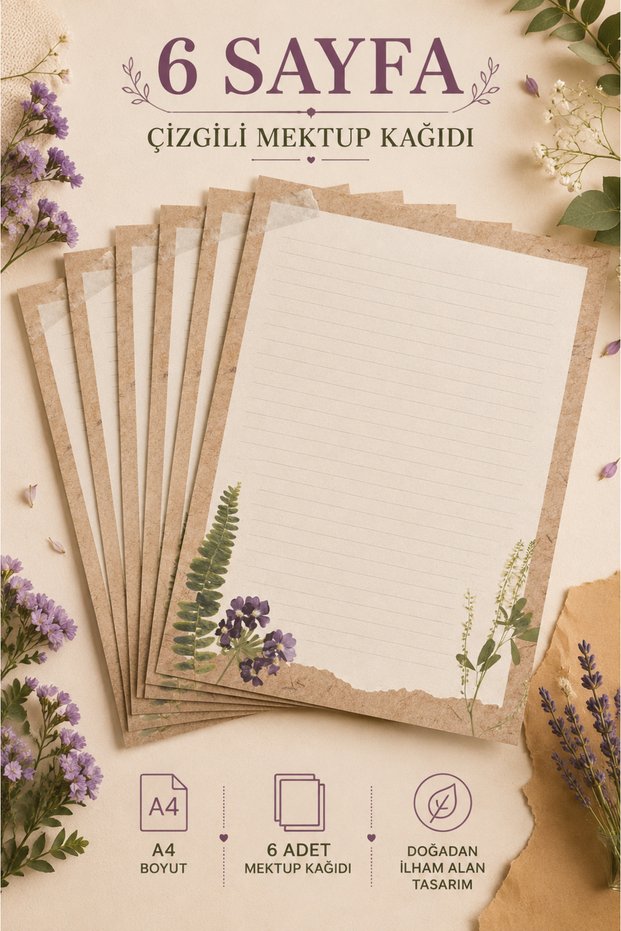 Purple Flower and Plant Detailed Letter Paper (10 Pieces A4 Size)
