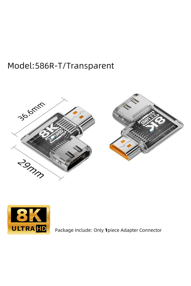 586L-T-Transparent 90 270 360 Degree HDMI-compatible 2.1 Adapter 8K@60Hz Male to Female Connector HD