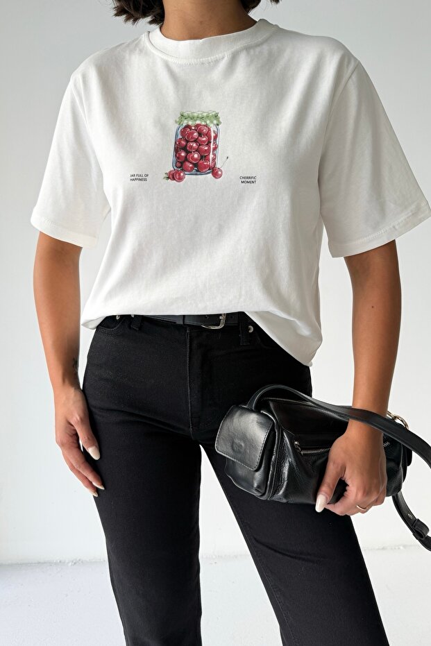 Crep Women's Cherry Printed Oversize T-Shirt 100% Cotton 24/1 Single Jersey