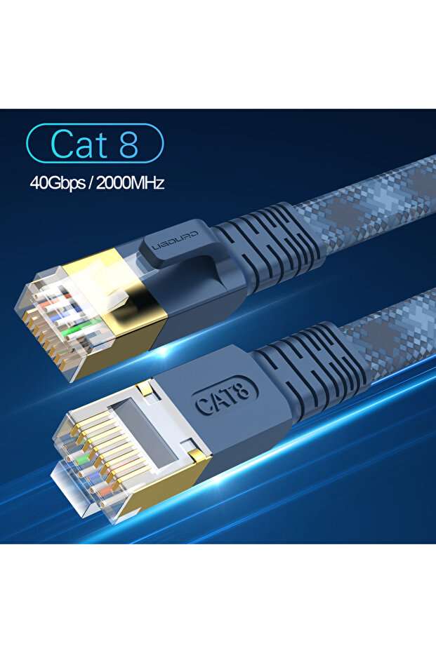 كابل شبكة إنترنت مسطح CAT 8 بطول 2 متر، أزرق متدرج، 40 جيجابت في الثانية، 2000 ميجاهرتز، RJ45، شبكة محلية مضفرة من النايلون