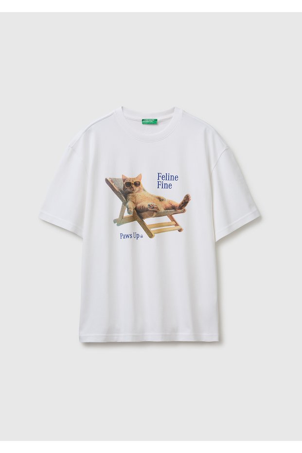 Men's White 100% Cotton Photo Printed Relaxed Fit T-Shirt