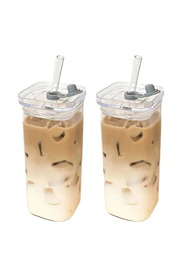 400ml 2pcs Clear 2PCS Square Heat Resistant Coffee Glass Cup With Lid and Straw Transparent Milk Tea