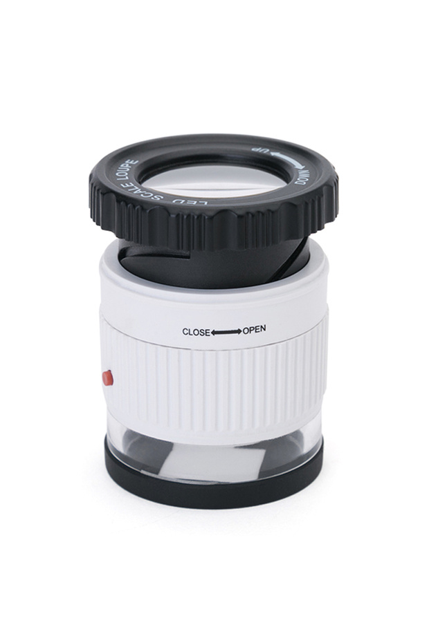 عدسة مكبرة بمقياس LED أبيض، عدسة مكبرة قابلة للتعديل 30 مرة، مرآة أسطوانية معدنية مع مقياس صغير