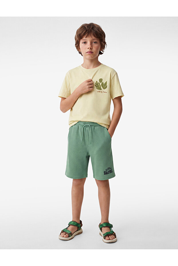 Printed, Lace-Up Waist, Textured Cotton Shorts