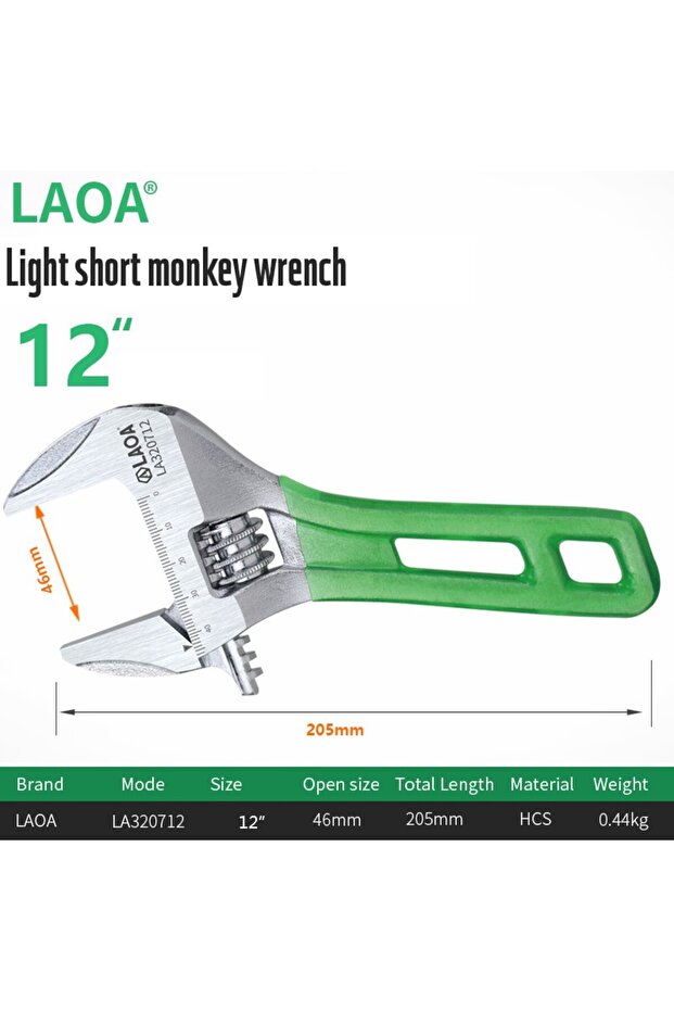 مفتاح قابل للتعديل LA320712 من LAOA مقاس 12 بوصة، خفيف الوزن مع فتحة كبيرة ومقبض قصير، متعدد الوظائف وصغير الحجم