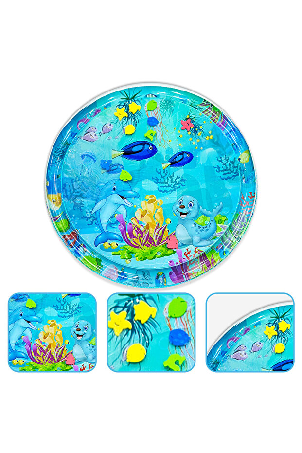 Blue 1pc 100cm Large Baby Playing Water Mat Dolphin Seal Pattern PVC Inflatable Round Play Mat Cushi