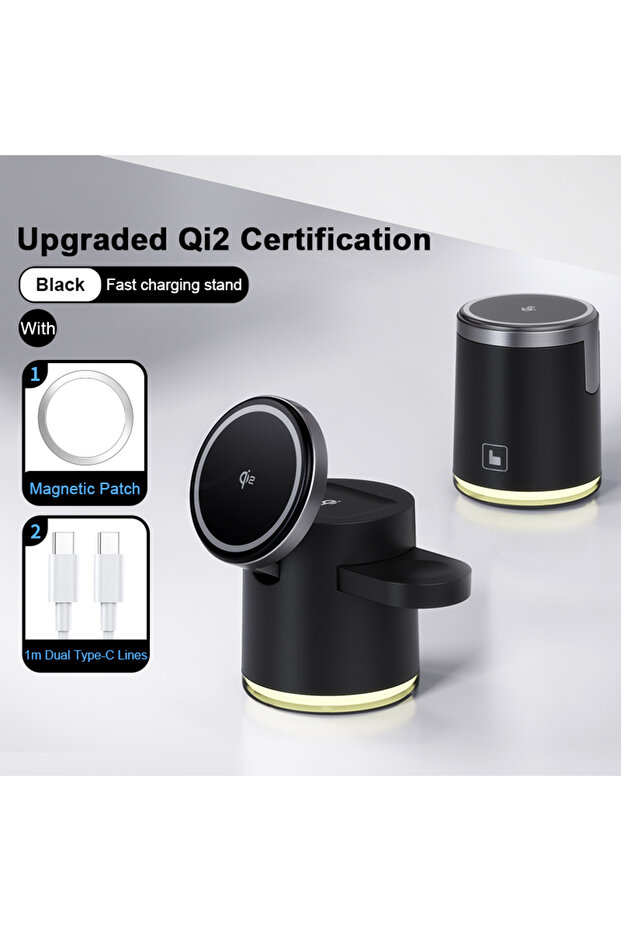 Upgraded Black New Qi2 Wireless Charger 3-in-1 Fast Charging Station Stand Folding Holder for MagSaf