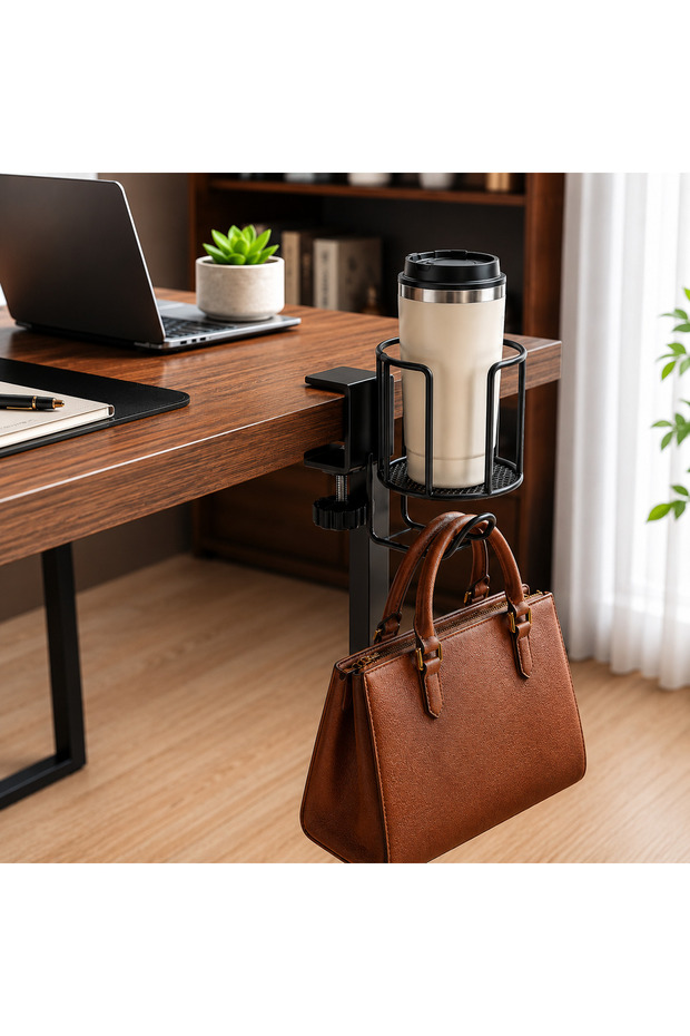 Table Edge Cup Holder and Headphone Hanger, Clamp-On Metal Desk Drink Holder, Adjustable Desk Cup Holder, Office Gamer Desk Organizer for Coffee Mug, Thermos and Water Bottle, Black