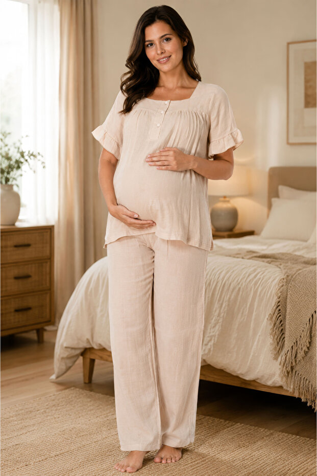 Soft Textured Muslin Fabric Maternity Set Effortt - Beige