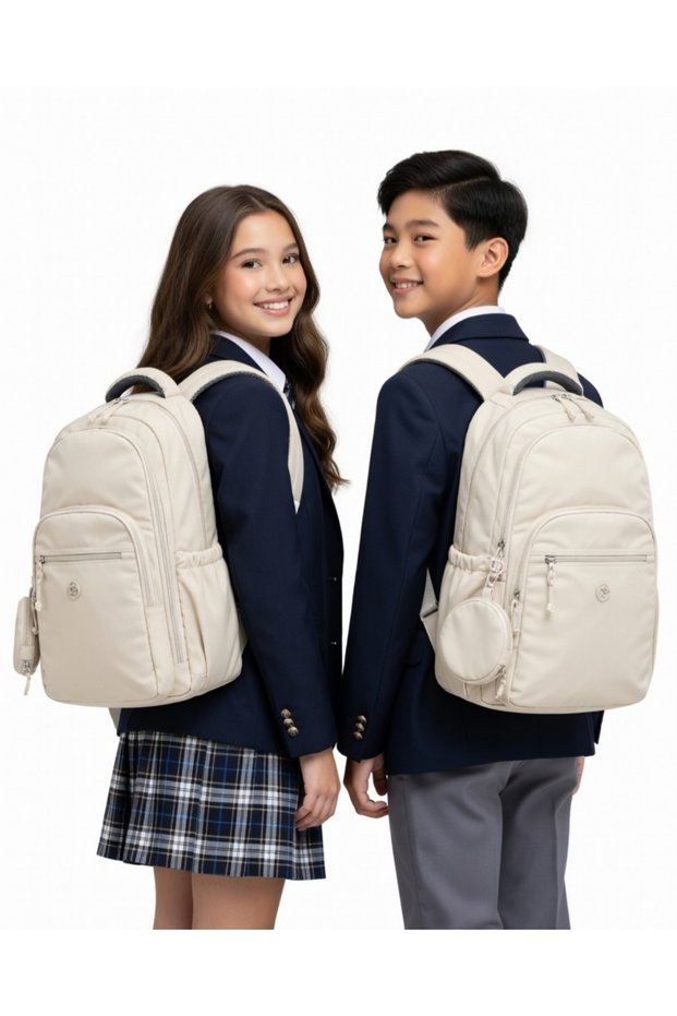Dp Casual a Quality Cream 5 External Zipper Compartments Water Repellent School Sports Travel Daily Light Fabric Backpack 7-16