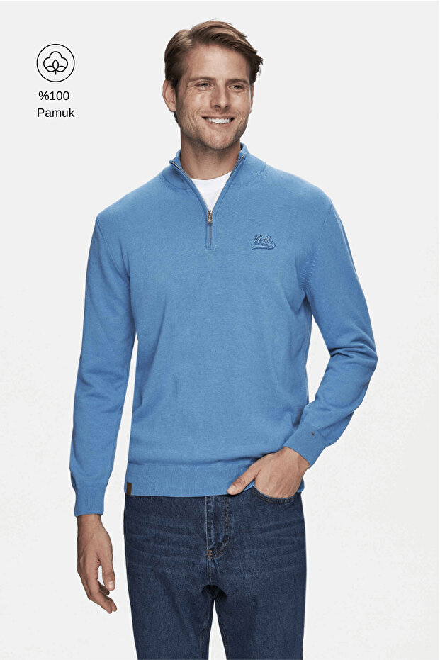 Fred Blue Half Zipper 100% Cotton Embroidered Standard Fit Men's Knitwear