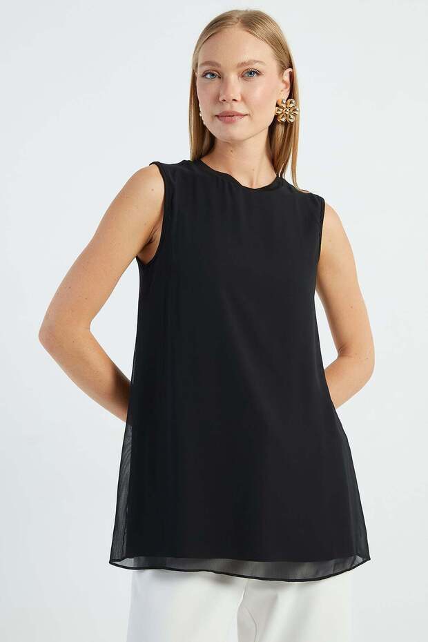 Crew Neck Front Chiffon Sleeveless Tunic