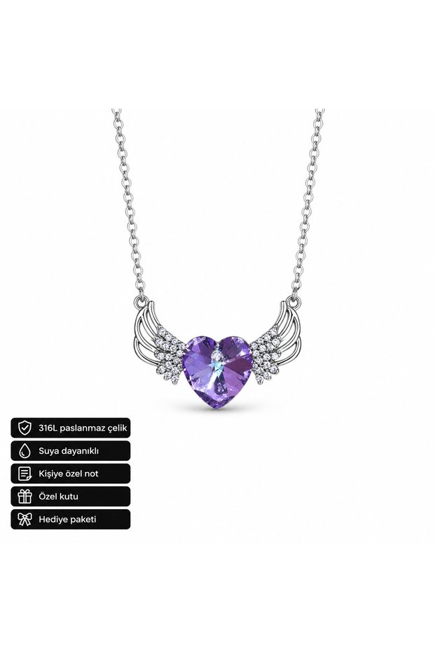 Purple Heart Stone Wing Figured Necklace Gift Women 316L Steel