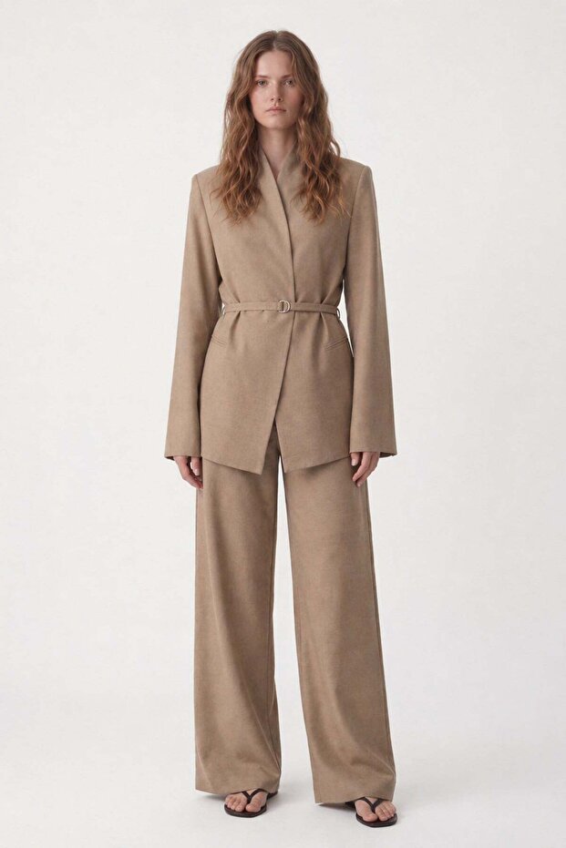 Beige Linen Blended Women's Blazer Jacket