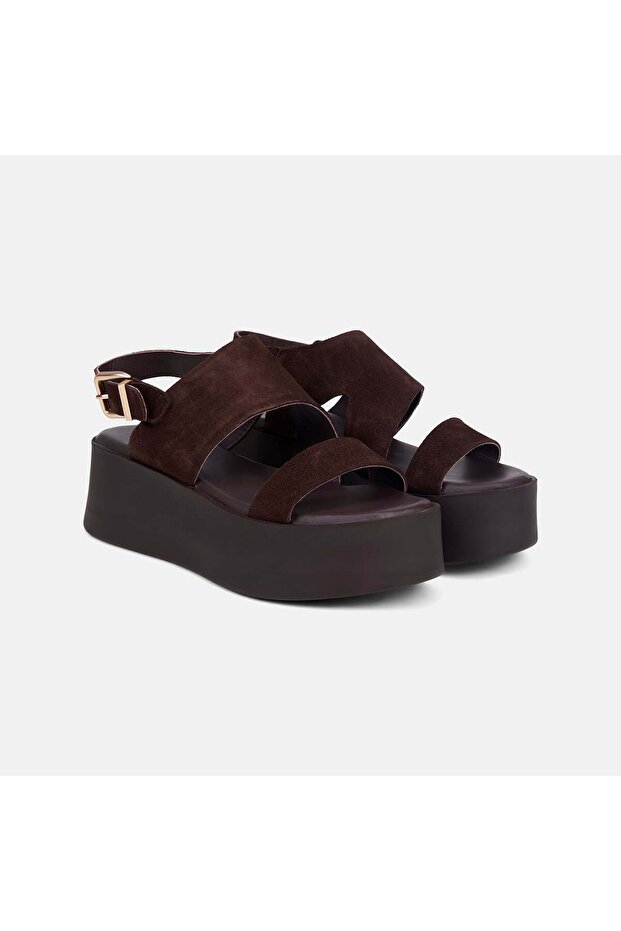 Women's Bitter Brown Gold Buckle Wedge Heeled Suede Sandals