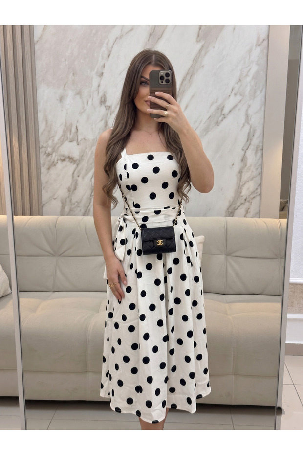 Women's Square Neck Belted Polka Dot Midi Cotton Satin Dress
