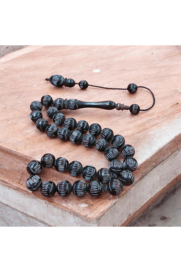 Special Edition Carved Henna Black Camel Bone Sphere Cut Rosary