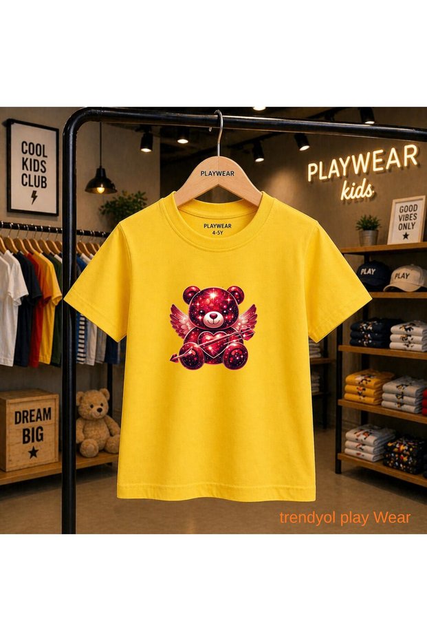 Işıkdak Red Angel Wing Bear Printed 100% Kids Unisex T-Shirt 5 6 -7 8-9 10 -11 12 Years Old