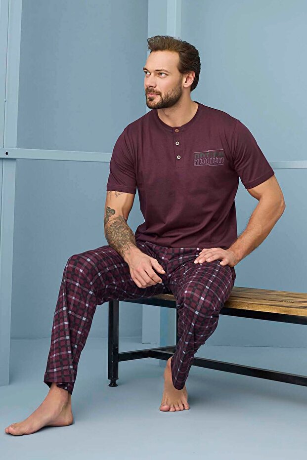 Men's Short Sleeve Cotton Pajama Set 7945 Claret Red