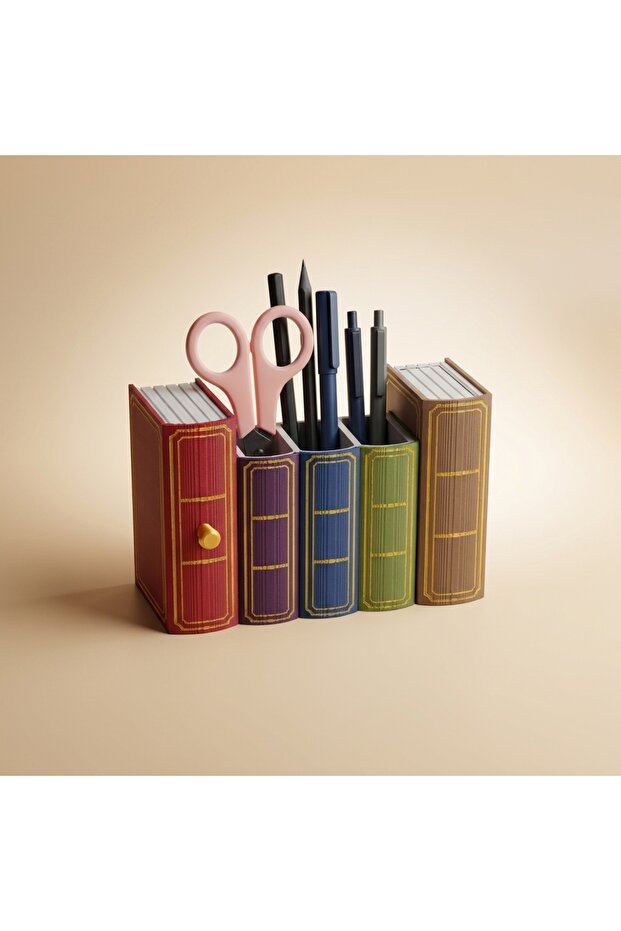 منظم سطح المكتب بتصميم كتاب - حامل أقلام مع أدراج |   مجموعة كتب زخرفية بتفاصيل ذهبية