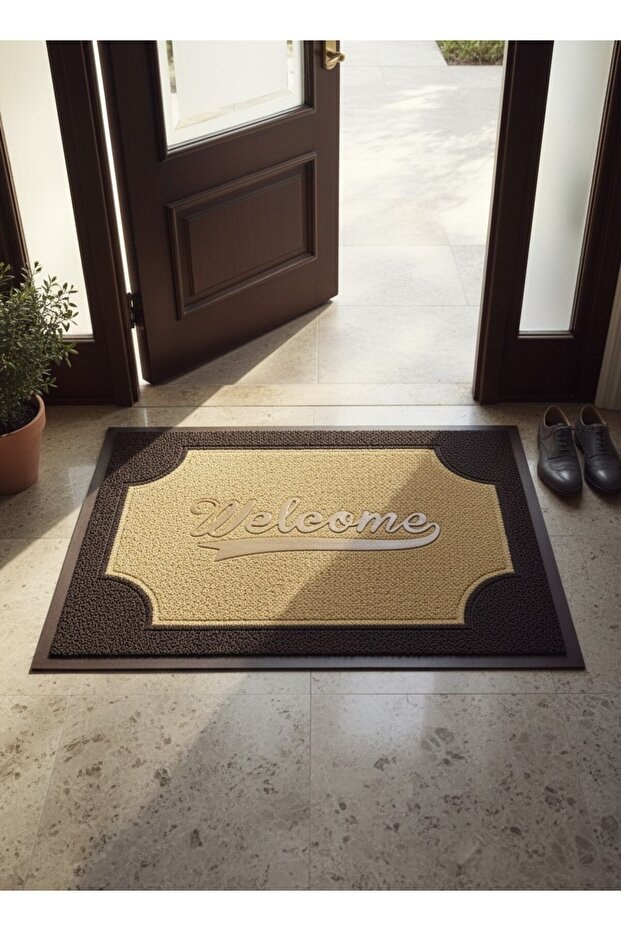 Brown - Cream Hygienic Curly Doormat 40X60 cm - with "Welcome" Written - Moisture Absorbing Door Mat